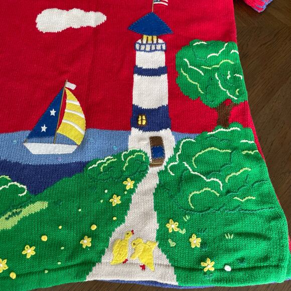 Quacker Factory Lighthouse Red Knit Sweater Sailboat Short Sleeve Women Medium - Picture 14 of 16
